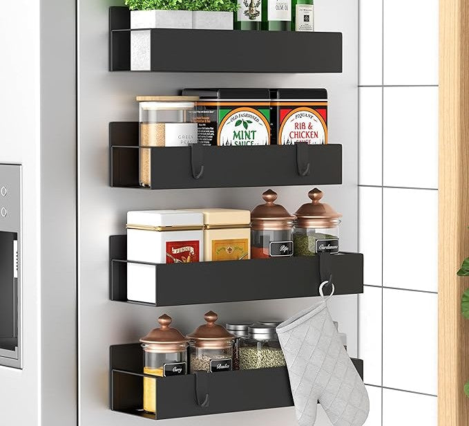 4-Pack Black Magnetic Refrigerator Spice Racks