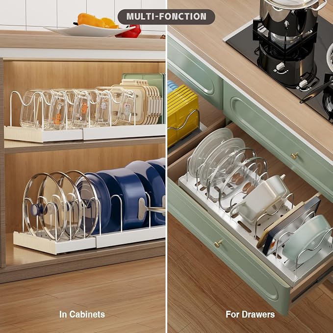 Expandable Pot Lid Organizer with 9 Adjustable Dividers